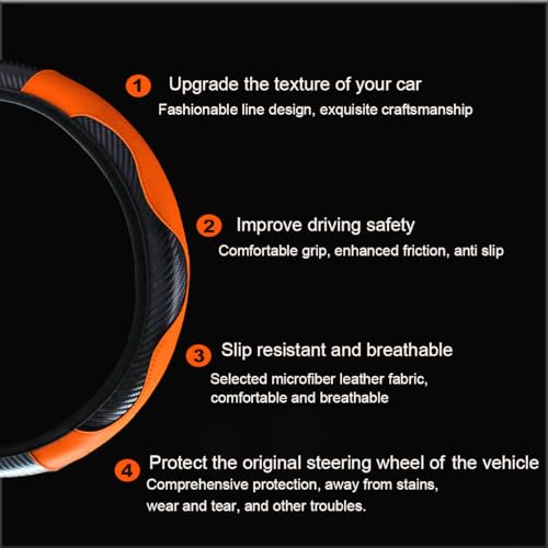 Ultra Fine Carbon Fiber Leather Steering Wheel Cover, Anti Slip and Sun Protective Protect The Steering Wheel, Easy to Install,Universal of 14.5"-15" (Orange) - color: Orange