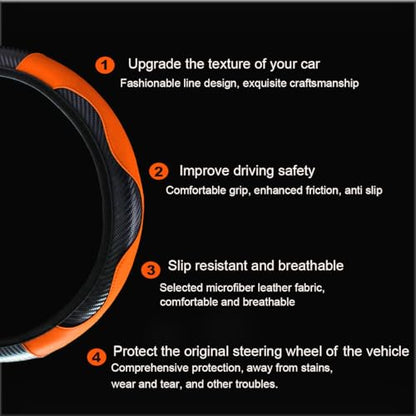 Ultra Fine Carbon Fiber Leather Steering Wheel Cover, Anti Slip and Sun Protective Protect The Steering Wheel, Easy to Install,Universal of 14.5"-15" (Orange) - color: Orange