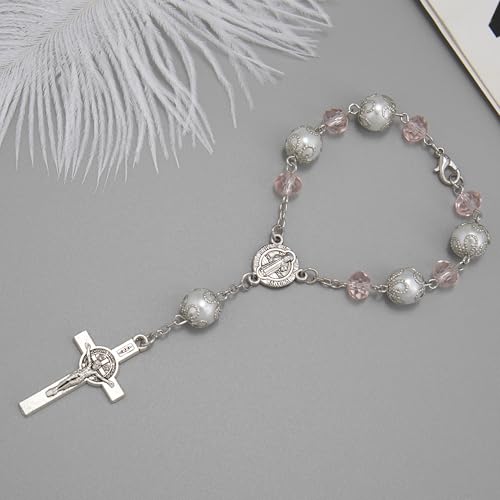 One Decade Car Rosary with St. Benedict Medal Catholic Auto Rear View Mirror Charm Pink Glass Beads Spiritual Protection Pendant Religious Car Accessories for Men and Women - color: Pink