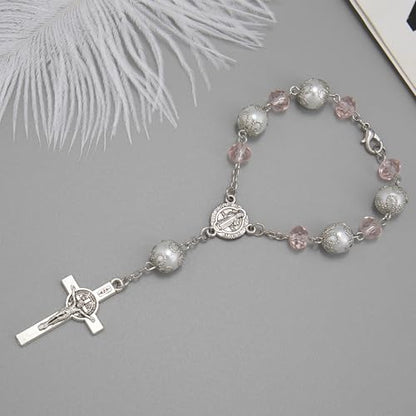 One Decade Car Rosary with St. Benedict Medal Catholic Auto Rear View Mirror Charm Pink Glass Beads Spiritual Protection Pendant Religious Car Accessories for Men and Women - color: Pink