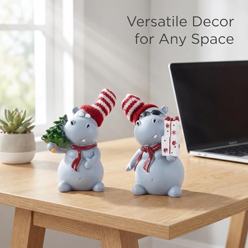 2-Piece Funny Christmas Hippo Ornaments Hippopotamus Gifts Resin Hippo Figurines for Indoor Tabletop Christmas Decorations Holiday Home Decor, Ideal Xmas Gift for Family & Friends
