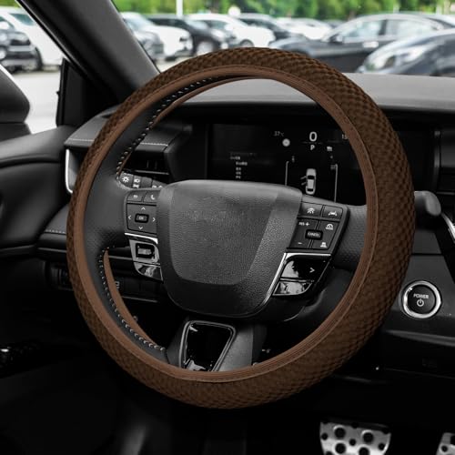 Elastic Stretch Steering Wheel Cover, Steering Wheel Protector, 15 Inch Anti-Slip Breathable Microfiber Ice Silk Protection, Easy Carry, Warm in Winter & Cool in Summer for Cars (Brown) - color: Brown