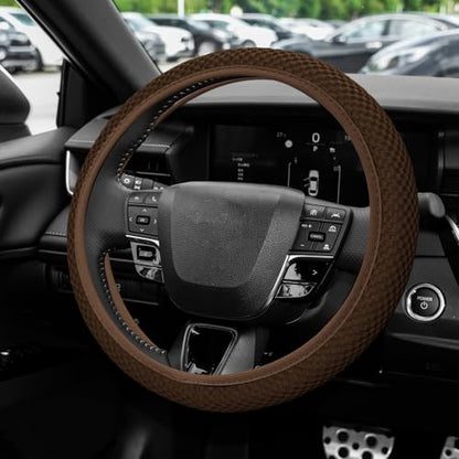 Elastic Stretch Steering Wheel Cover, Steering Wheel Protector, 15 Inch Anti-Slip Breathable Microfiber Ice Silk Protection, Easy Carry, Warm in Winter & Cool in Summer for Cars (Brown) - color: Brown