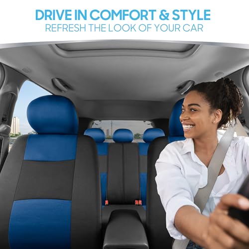 BDK PolyPro Car Seat Covers Full Set in Blue on Black – Front and Rear Split Bench Seat Covers for Cars, Easy to Install Car Seat Cover Set, Car Accessories for Auto Trucks Van SUV - color: Blue