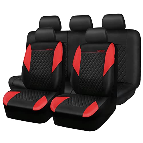 CAR PASS Red Leather Seat Covers Full Set-Universal Quilting Pretty Girly Car Seat Cover with 5mm Composite Sponge Inside,Airbag Compatible, Waterproof Delux Fit for Most Sedan,SUV,Cars (Full Set,Red) - color: Black and Red, size: Full Set (Front and Rear