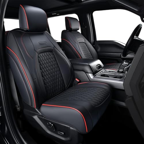 Coverado Front Seat Covers for Ford F150 2015-2026, F250 F350 F450 2017-2026 SuperCrew Crew Cab, Red and Black Leather Car Seat Covers, Full Coverage - color: Red line, size: Front
