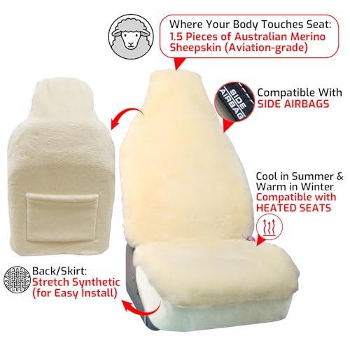 Aegis Cover Sheepskin Car Seat Cover Genuine Australian Merino Wool Front Seat Cover Luxury Dense Pelt Universal Fit for Most SUVs, Trucks, Bucket-Style, 54 X 22 Inches (Cream) - color: Cream