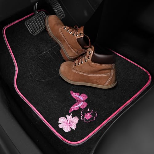 CAR PASS Embroidery Butterfly and Flower Car Floor Mats, Pink Car Floor Mats Universal Fit 95% Automotive,SUVS,Sedan,Vans,for Cute Women,Girly,Set of 4 (Black with Pink) - color: Pink Butterfly and Flower