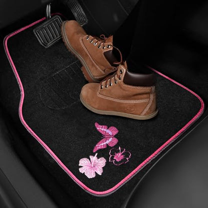 CAR PASS Embroidery Butterfly and Flower Car Floor Mats, Pink Car Floor Mats Universal Fit 95% Automotive,SUVS,Sedan,Vans,for Cute Women,Girly,Set of 4 (Black with Pink) - color: Pink Butterfly and Flower