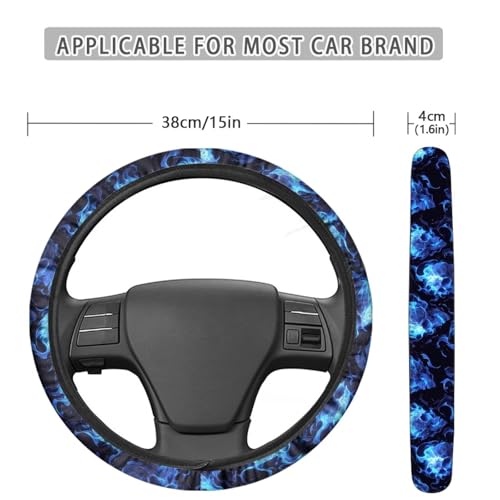 AFPANQZ Skull Blue Flame Automotive Steering Wheel Covers Universal Fit 14 to 15 inch Steering Wheel Covers with Cloth for Women Keep Warm Comfort Grip Sweat Absorption Neoprene - color: Skull Blue Flame