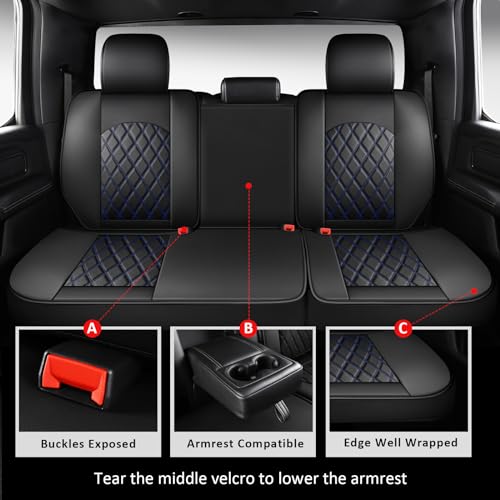 MIROZO Dodge Ram Seat Covers Full Set –Waterproof Truck Seat Covers Leather Car Seat Protector Fits 2009-2026 Ram 1500/2500/3500 Crew Quad Regular Cab Pickup with Split Flat Bench 40/60,Black and Blue - color: Black and Blue, size: Full Set（Flat Back)