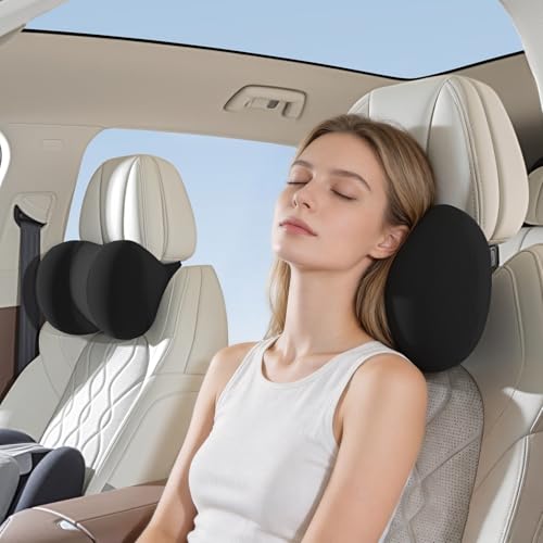 BABUR Car Headrest Pillow, 100% Memory Foam Softness Neck Support Pillow, Universal Fit Head Rest Travel Pillow for Pain Relief While Driving, Breathable Washable Cotton Fabric (Black) - color: Black