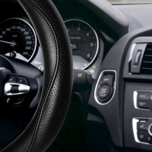Top Grade Black Genuine Leather Steering Wheel Cover Men Women, Luxury Steering Wheel Cover for Cars, SUVS and Trucks，Universal 14.5-15 inch