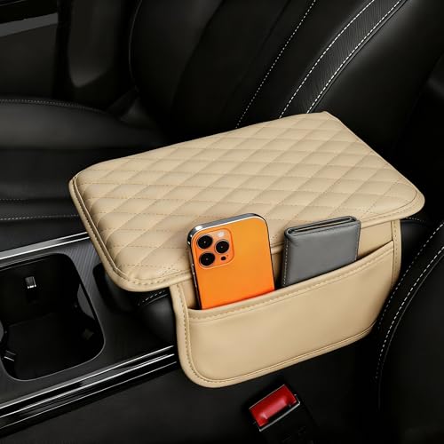 Upgraded Car Center Console Cover, Leather Armrest Cushion Pad with 2 Storage Bags, Microfiber Soft Waterproof Seat Box Cover Protector, Car Interior Decor Accessories Fit for Most Cars, Vehicles - color: Khaki