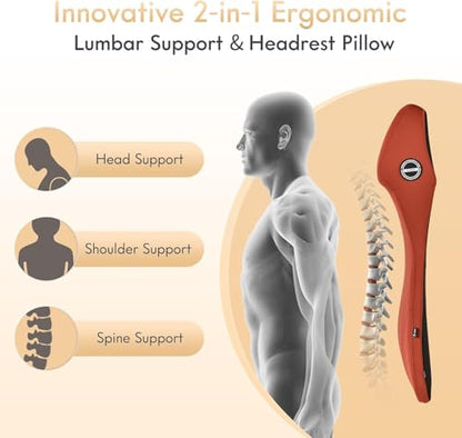 Memory Foam Car Seat Cushion with Lumbar Support Headrest Pillow 2-in-1 Ergonomic Back Support and Neck Pillow Car Cushion for Driving Seat Back Rest Pillow Pressure Sciatica Pain Relief, Red