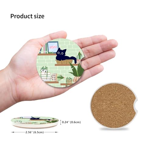 Ceramic Cup Holders Car Coasters Set for Women/Men,Drink Cup Car Holder Coasters with A Finger Notch 2.56" Pack of 2（Cute Black Cat 2） - color: Black Cat 2