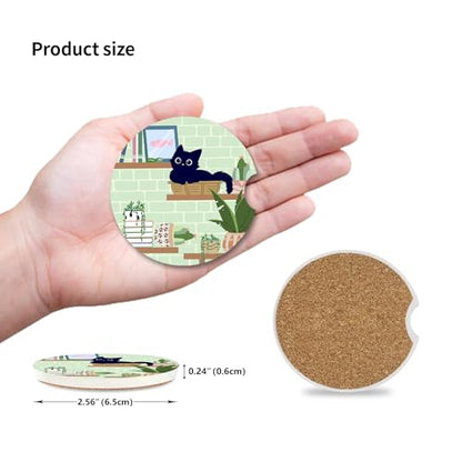 Ceramic Cup Holders Car Coasters Set for Women/Men,Drink Cup Car Holder Coasters with A Finger Notch 2.56" Pack of 2（Cute Black Cat 2） - color: Black Cat 2