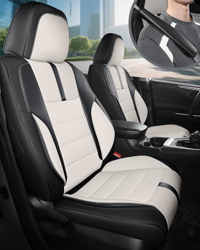FREESOO Universal Full Seat Covers, Waterproof Faux Leather Automotive Seat Covers with Carbon Fiber Texture Seat Belt Pads, Anti-Slip Airbag Compatible Car Seat Covers for Cars SUVs Trucks - color: Black White, size: Full Set - 5 Seats