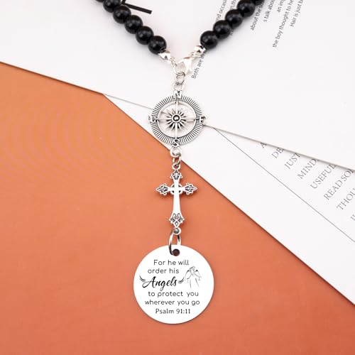 Car Cross Charms Christian Car Accessories Rear View Mirror Hanging Accessories for He Will Order His Angels to Protect You Wherever You Will Go Cars Rosary Bible Verse Religious Gifts for Women