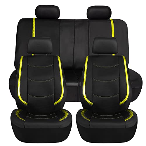 FH Group Galaxy13 Metallic Striped Deluxe Leatherette Car Seat Covers with Matching Carpet Floor Mats – Full Set, Universal Fit, Airbag Compatible for Cars, SUVs & Sedans, Yellow - color: Yellow