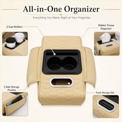 Priprilod Beige Car Center Console Armrest Pillow, Memory Foam with Cup Holder and Cell Phone Holder, Multifunctional Car Center Console Organizer, Universal Fit for Most Vehicles - color: Beige Tan