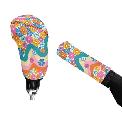 Bulopur Car Shifter Gear Hand Brake Trim Cover Set for Most Cars Van SUV Sedan Truck Auto Accessories - color: Boho Hippie Daisy
