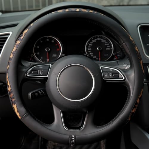 Steering Wheel Cover, Made with Breathable Microfiber Leather and Leopard Fabric, Universal 14.5-15 inchs for Most Automotive Steering Wheel,Cheetah Print, Black - color: Leopard Print