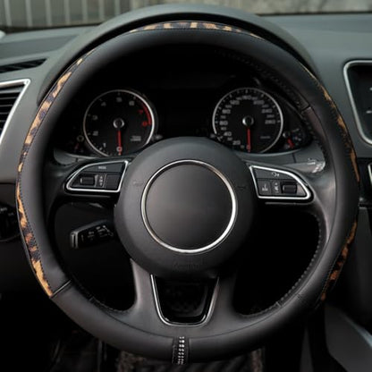 Steering Wheel Cover, Made with Breathable Microfiber Leather and Leopard Fabric, Universal 14.5-15 inchs for Most Automotive Steering Wheel,Cheetah Print, Black - color: Leopard Print