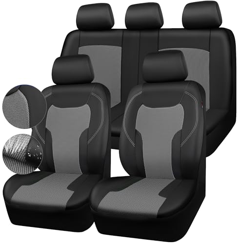 CAR-GRAND Breathable Air Mesh Car Seat Covers, Leather Car Seat Covers Full Set, Airbag Compatible Universal Fit Seat Covers Protector for Cars Trucks SUV Pick-up Sedan Interior (Black Grey) - color: Black Grey, size: Full Set