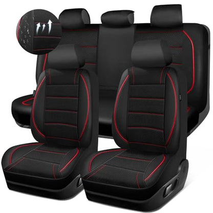 CAR PASS Mesh Leather Car Seat Covers Full Set,Breathable Mesh Faux Leather Seat Covers for Car, Universal Fit for SUV Truck Sedan Automotive, Airbag Compatible, Black and Red - color: Red Black Mesh Leather