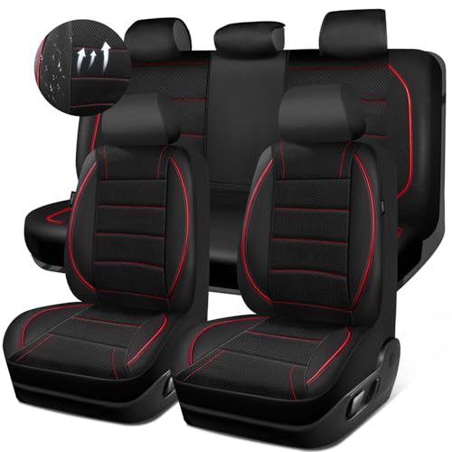 CAR PASS Mesh Leather Car Seat Covers Full Set,Breathable Mesh Faux Leather Seat Covers for Car, Universal Fit for SUV Truck Sedan Automotive, Airbag Compatible, Black and Red - color: Red Black Mesh Leather