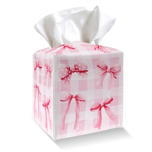 Tissue Box Cover Holder - Pink Bows Checkerboard PU Leather Tissue Box Cover with Bottom Belt, Square Facial Paper Organizer for Tabletop, Bathroom, Kitchen, Car & Office -046 - color: Pink Bows