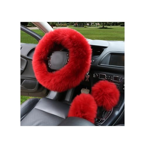 3PCS Wool Steering Wheel Cover with Fuzzy Handbrake Cover & Gear Shift Cover, Universal 15 Inch Steering Wheel Fluffy Soft Protector, Comforting Warm Car Decoration for Women Men (Red) - style: Red
