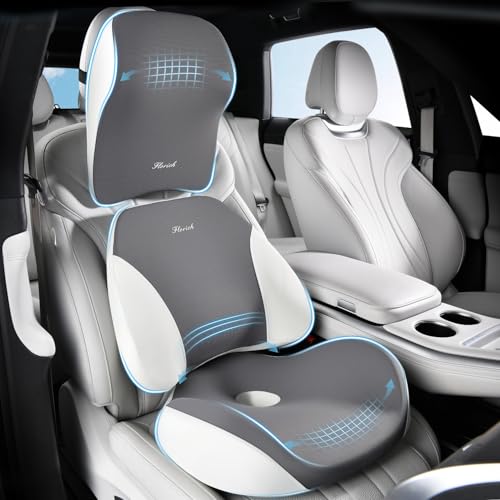 FLORICH Upgraded 3-in-1 Memory Foam Car Seat Cushion Set with Lumbar Support & Neck Pillow, Washable Driving Seat Cushion for Back & Sciatica Pain Relief, Non-Slip Seat Cushion for Car, Office-Gray - color: B-gray, size: 3 Peices