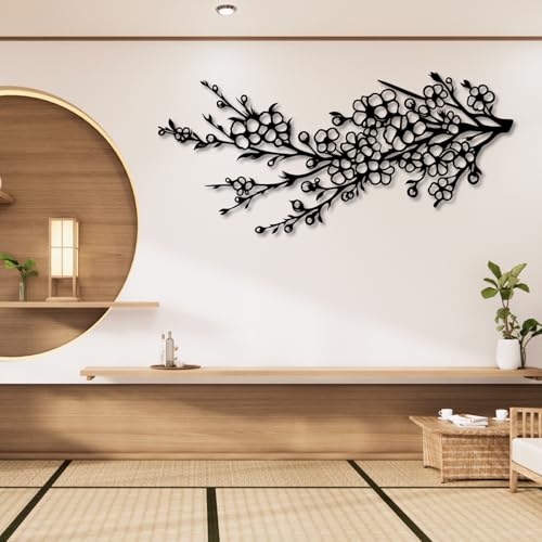 Cherry Blossom Branch Metal Wall Art, Metal Tree Wall Decor, Metal Flowers Wall Decor, Japanese Wall Art, Floral Wall Art, Branch Wall Decor, Modern Japanese Tree Art, Living Room Wall Hangings (Black, 29"x 13"| 76x34cm ) - color: Black, size: 59"L x 26"W