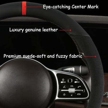 Suede Steering Wheel Cover with Upgraded Silicone Inner Ring, Anti Heat, Breathable, Anti-Slip, Leather Universal 14.5 to 15 inch Steering Wheel Cover (Partial Genuine Leather) - style: Partial Genuine Leather