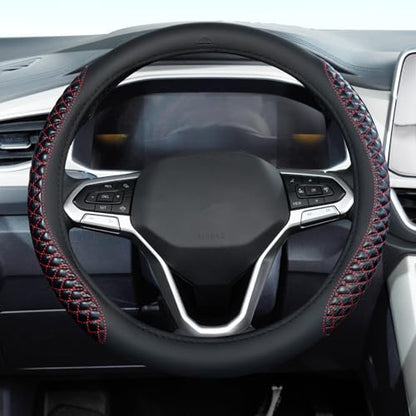 Coverado Car Steering Wheel Cover, Nappa Leather Black & Redline Steering Wheel Covers, Universal 14-15 inch, Anti-Slip, Breathable Steering Wheel Protector for Women Men - color: C-Red
