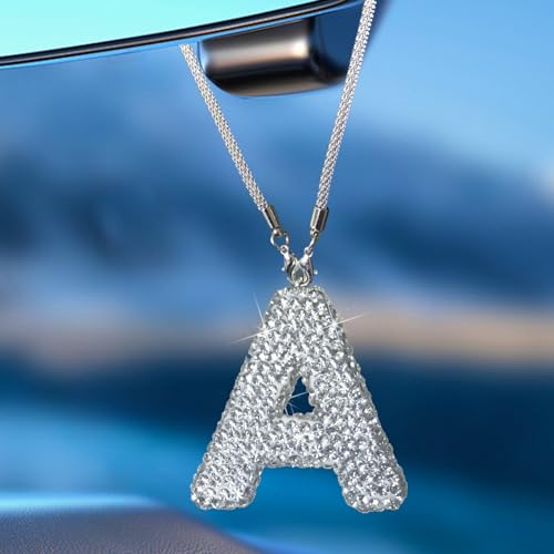 Bling Car Letter Charm, Rear View Mirror Ornament Cute Hanging Crystal Pendant Bling Car Accessories, Lucky Diamond Rhinestone Women Charm Auto Decoration (White A) - color: White a