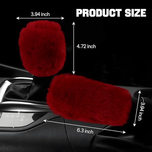 Hovom 2PCS Fluffy Car Gear Shift Knob Cover & Handbrake Cover, Soft Plush Hand Brake Handle & Gear Shift Cover for Women Girls, Universal Comfortable Warm Furry Car Accessories (Wine Red)