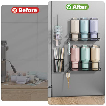 4 Pack Magnetic Cup Holder for Fridge, 40 OZ Metal Tumbler Holder for Stanley Cup, Magnetic Water Bottle Organizer with Lid Straw Holder Set Heavy Duty (Black)