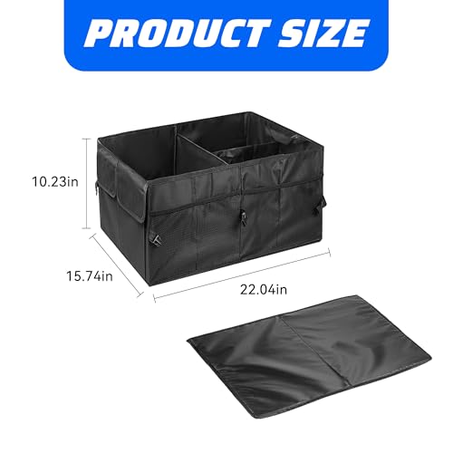 Car Trunk Organizer, Waterproof Adjustable Vehicle Storage Box, Automotive Collapsible Multi Compartment Organization Container Accessories, Universal for SUV, Sedan, Truck (Black)
