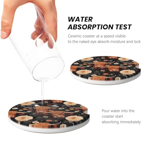 Yak Highland Cow Flower Absorbent Ceramic Car Coasters for Cup Holders, 2.56" Anti Slip Insert Cup Coasters for Women Men (2 PCS) - color: Yak Highland Cow Flower