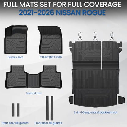 Floor Mats Set for Nissan Rogue 2021-2025 2026 (Not fit Sport), All Weather TPE Backrest Mat Trunk Mat Cargo Liner Door Sill Guards Accessories(for Nissan Rogue | 2021-2026)