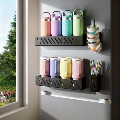 Magnetic Cup Holder for 8 Stanley 30/40 oz Tumbler, 2Pack Water Bottle Holder with Tumbler Lid & Straw Organizer, Flexible disassembly, Ideal for Fridge and Other Iron Surfaces - size: 8 bottles