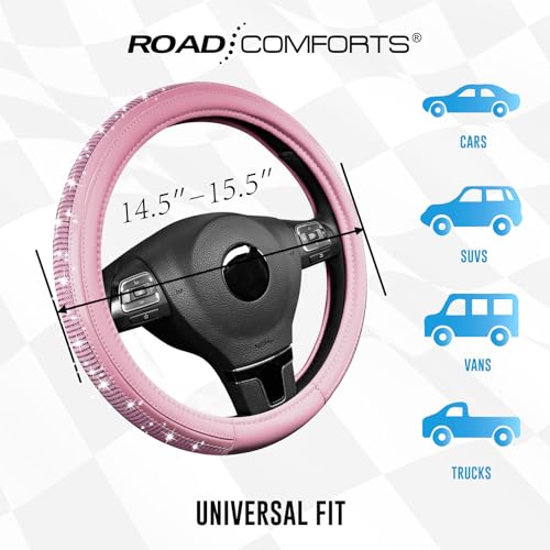 Road Comforts Bling Steering Wheel Cover – Pink Diamond Design, Universal Fit 14.5-15 Inch, Microfiber Leather, Anti-Slip & Breathable Design for Men and Women - color: Pink & Pink