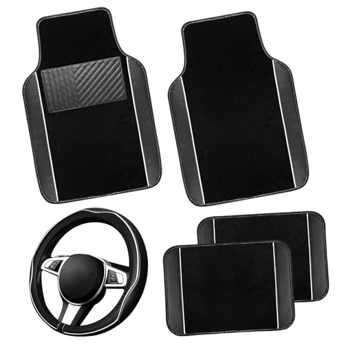 NBTEPEM Microfiber Steering Wheel Cover and Waterproof Car Floor Mats, Universal Fit Most Truck, SUV, Cars, 14.5-15inch Sporty Steering Wheel Covers with Anti-Slip Lining (Black with White line)