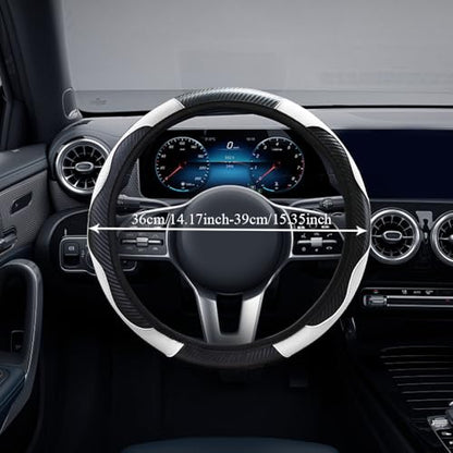 Car Steering Wheel Cover, Non-Slip Car Wheel Cover Protector, 15 inch Carbon Fiber Microfiber PU Leather Elastic Steering Wheel Protector for Men Women, Universal Auto Accessories (White)
