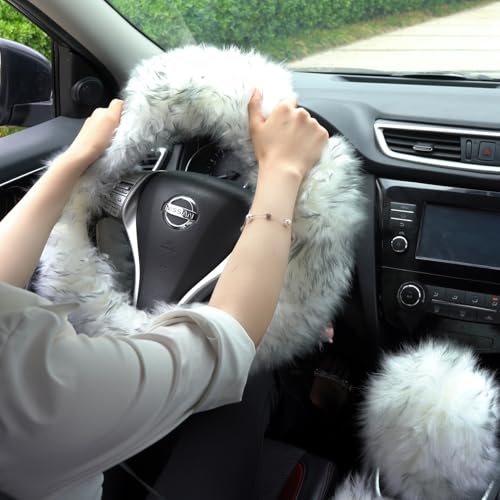 Fuzzy Genuine Sheepskin Steering Wheel Cover Set for Women Parents-Fluffy Soft Australian Merino Wool Wrap with Gear Shift and Hand Brake Covers, Cozy Stylish Luxury Car Accessories (Hot Pink) - color: Hot Pink