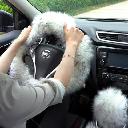Fuzzy Genuine Sheepskin Steering Wheel Cover Set for Women Parents-Fluffy Soft Australian Merino Wool Wrap with Gear Shift and Hand Brake Covers, Cozy Stylish Luxury Car Accessories (Hot Pink) - color: Hot Pink