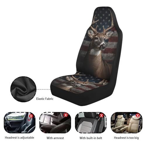 Deer American Flag Print Car Seat Covers, 2 Pieces Washable Vehicles Front Seat Protectors, Scratch-Resistant Bucket Seat Cover Fits Most Vehicles, Cars, Sedans, Trucks, SUVs, Vans - color: Deer American Flag 4